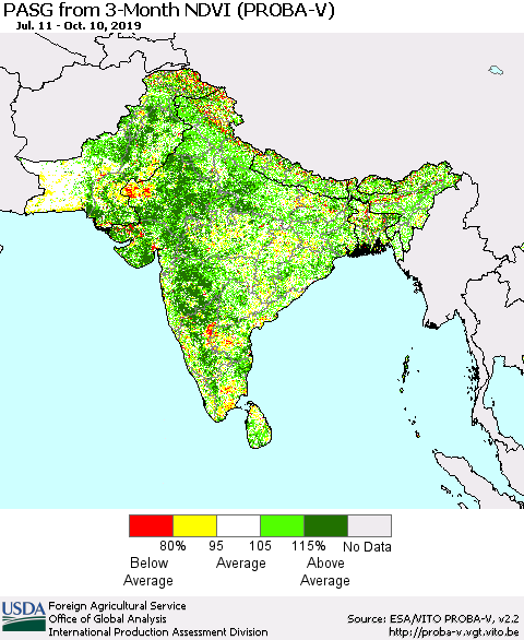 Southern Asia PASG from 3-Month NDVI (PROBA-V) Thematic Map For 10/1/2019 - 10/10/2019