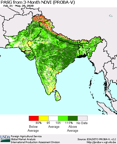 Southern Asia PASG from 3-Month NDVI (PROBA-V) Thematic Map For 5/11/2020 - 5/20/2020