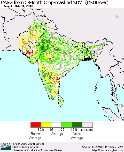 Southern Asia PASG from 3-Month Crop-masked NDVI (PROBA-V) Thematic Map For 10/21/2018 - 10/31/2018