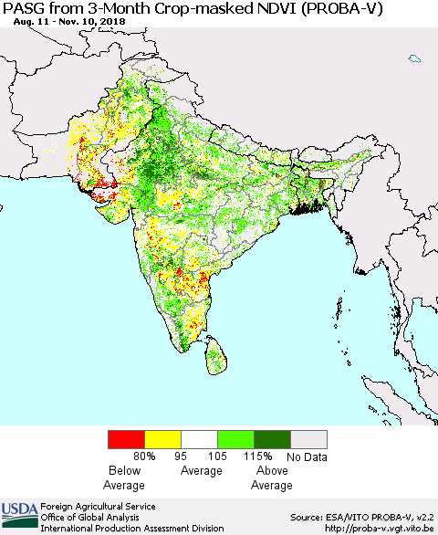 Southern Asia PASG from 3-Month Crop-masked NDVI (PROBA-V) Thematic Map For 11/1/2018 - 11/10/2018