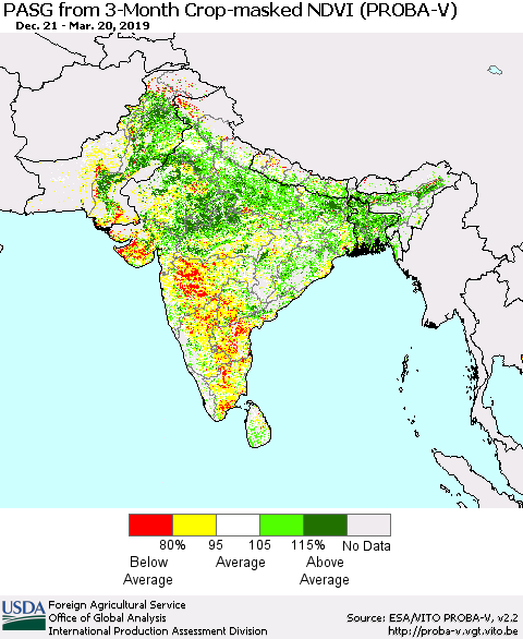 Southern Asia PASG from 3-Month Crop-masked NDVI (PROBA-V) Thematic Map For 3/11/2019 - 3/20/2019