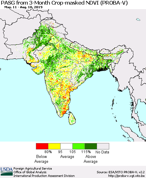 Southern Asia PASG from 3-Month Crop-masked NDVI (PROBA-V) Thematic Map For 8/1/2019 - 8/10/2019
