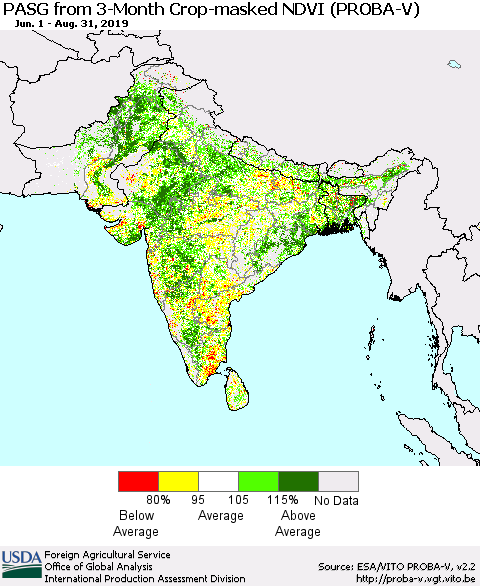 Southern Asia PASG from 3-Month Crop-masked NDVI (PROBA-V) Thematic Map For 8/21/2019 - 8/31/2019