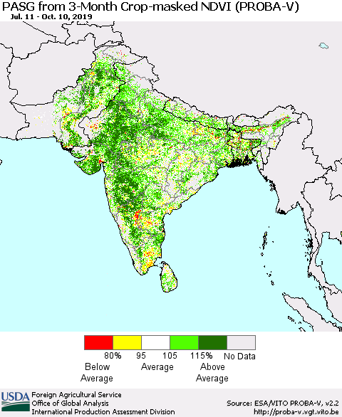Southern Asia PASG from 3-Month Crop-masked NDVI (PROBA-V) Thematic Map For 10/1/2019 - 10/10/2019