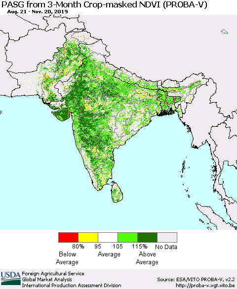 Southern Asia PASG from 3-Month Crop-masked NDVI (PROBA-V) Thematic Map For 11/11/2019 - 11/20/2019