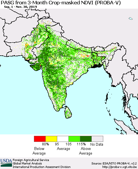 Southern Asia PASG from 3-Month Crop-masked NDVI (PROBA-V) Thematic Map For 11/21/2019 - 11/30/2019