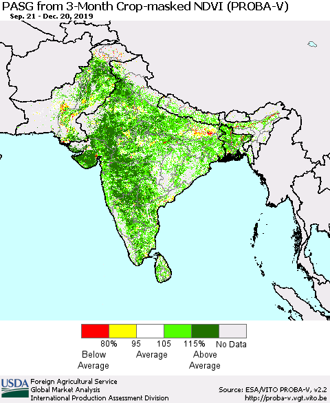 Southern Asia PASG from 3-Month Crop-masked NDVI (PROBA-V) Thematic Map For 12/11/2019 - 12/20/2019
