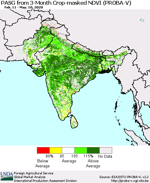 Southern Asia PASG from 3-Month Crop-masked NDVI (PROBA-V) Thematic Map For 5/1/2020 - 5/10/2020