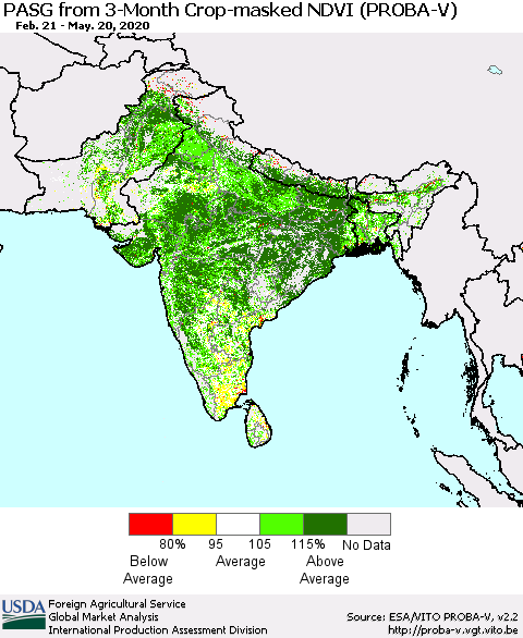 Southern Asia PASG from 3-Month Crop-masked NDVI (PROBA-V) Thematic Map For 5/11/2020 - 5/20/2020