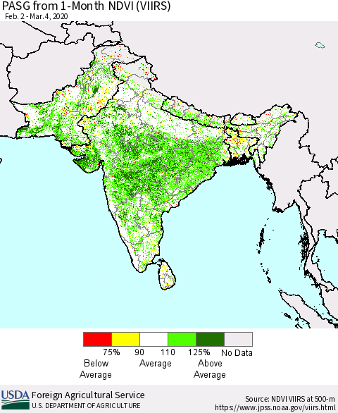 Southern Asia PASG from 1-Month NDVI (VIIRS) Thematic Map For 3/1/2020 - 3/10/2020