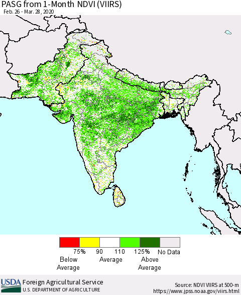 Southern Asia PASG from 1-Month NDVI (VIIRS) Thematic Map For 3/21/2020 - 3/31/2020