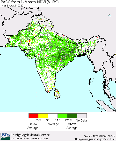 Southern Asia PASG from 1-Month NDVI (VIIRS) Thematic Map For 4/1/2020 - 4/10/2020