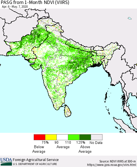 Southern Asia PASG from 1-Month NDVI (VIIRS) Thematic Map For 5/1/2020 - 5/10/2020