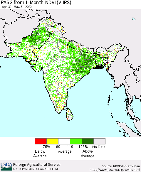 Southern Asia PASG from 1-Month NDVI (VIIRS) Thematic Map For 5/21/2020 - 5/31/2020