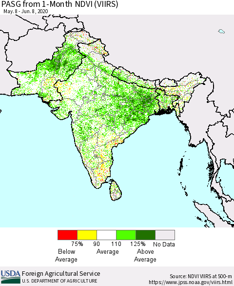 Southern Asia PASG from 1-Month NDVI (VIIRS) Thematic Map For 6/1/2020 - 6/10/2020