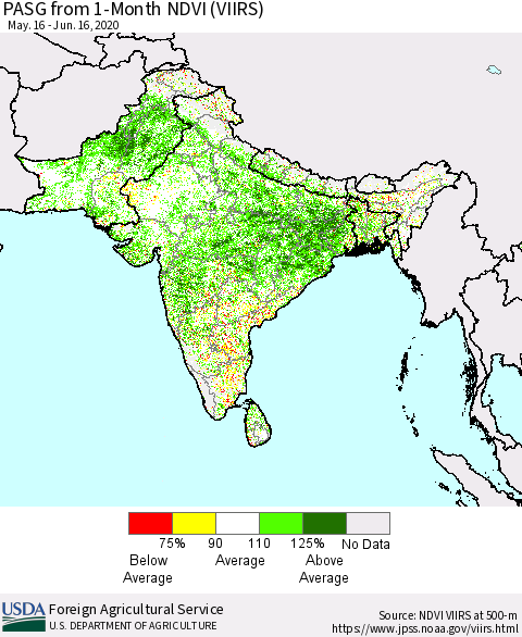 Southern Asia PASG from 1-Month NDVI (VIIRS) Thematic Map For 6/11/2020 - 6/20/2020