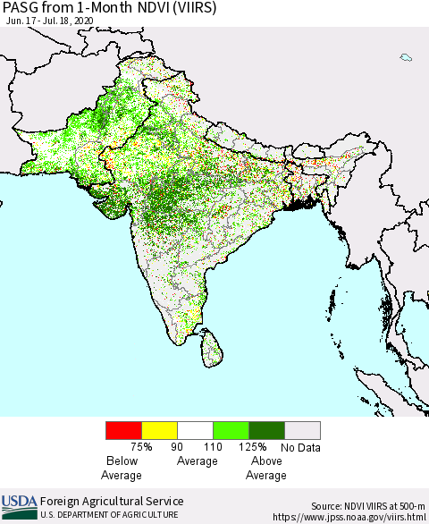 Southern Asia PASG from 1-Month NDVI (VIIRS) Thematic Map For 7/11/2020 - 7/20/2020