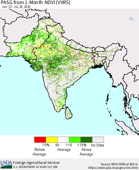 Southern Asia PASG from 1-Month NDVI (VIIRS) Thematic Map For 7/21/2020 - 7/31/2020