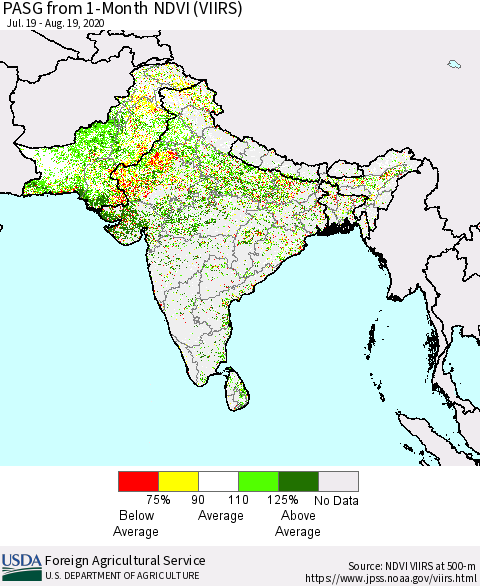Southern Asia PASG from 1-Month NDVI (VIIRS) Thematic Map For 8/11/2020 - 8/20/2020