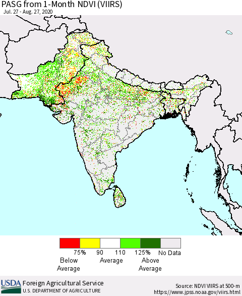 Southern Asia PASG from 1-Month NDVI (VIIRS) Thematic Map For 8/21/2020 - 8/31/2020
