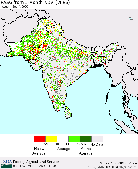 Southern Asia PASG from 1-Month NDVI (VIIRS) Thematic Map For 9/1/2020 - 9/10/2020