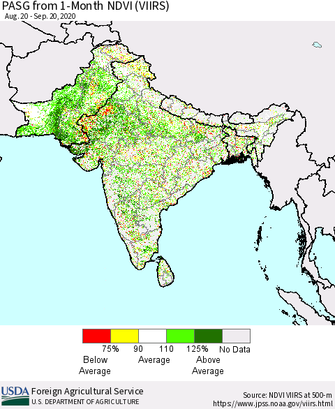 Southern Asia PASG from 1-Month NDVI (VIIRS) Thematic Map For 9/11/2020 - 9/20/2020