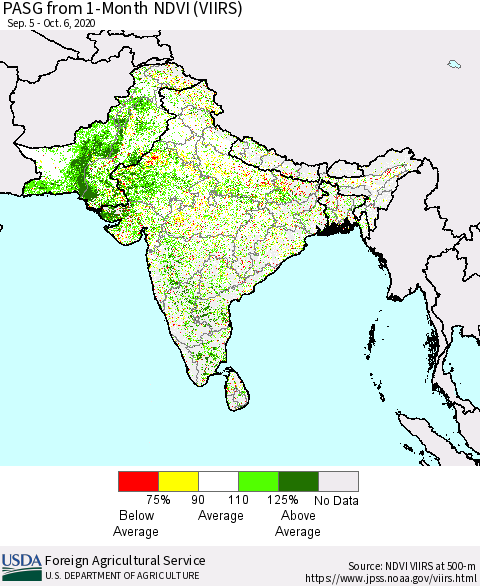 Southern Asia PASG from 1-Month NDVI (VIIRS) Thematic Map For 10/1/2020 - 10/10/2020