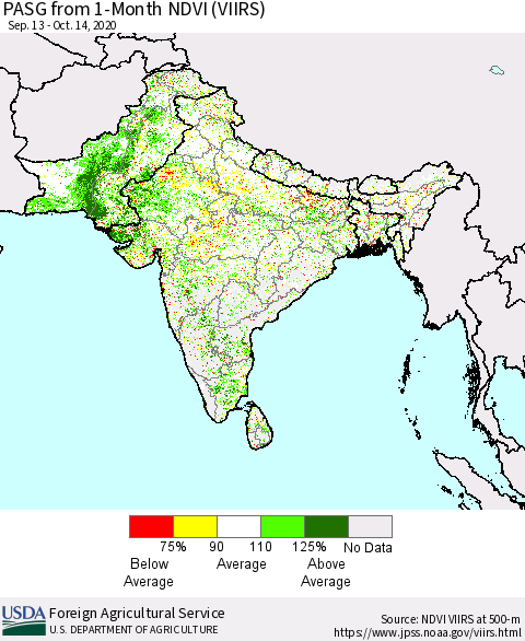 Southern Asia PASG from 1-Month NDVI (VIIRS) Thematic Map For 10/11/2020 - 10/20/2020