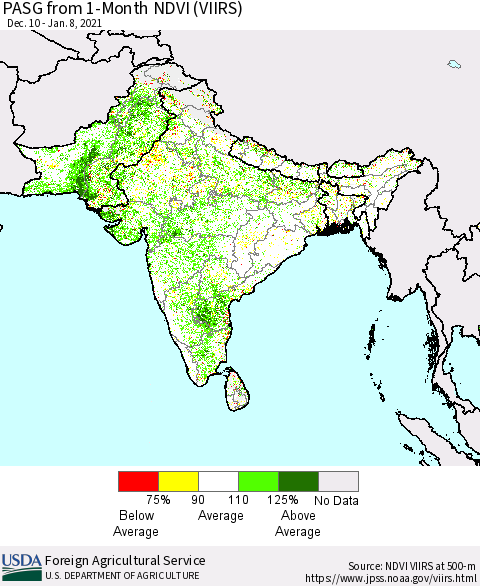 Southern Asia PASG from 1-Month NDVI (VIIRS) Thematic Map For 1/1/2021 - 1/10/2021