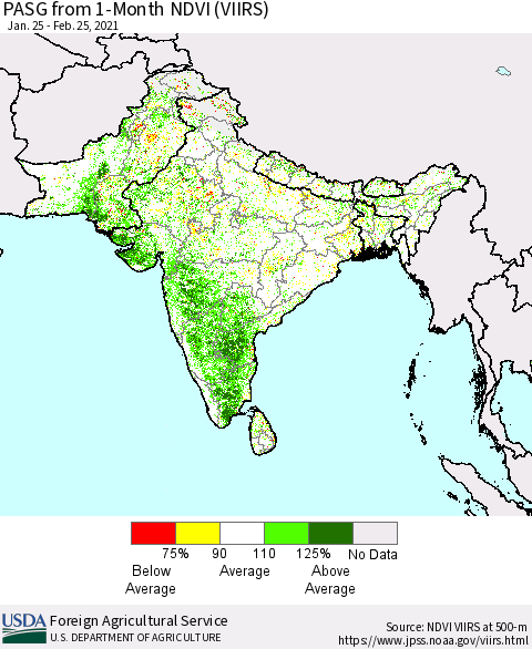 Southern Asia PASG from 1-Month NDVI (VIIRS) Thematic Map For 2/21/2021 - 2/28/2021