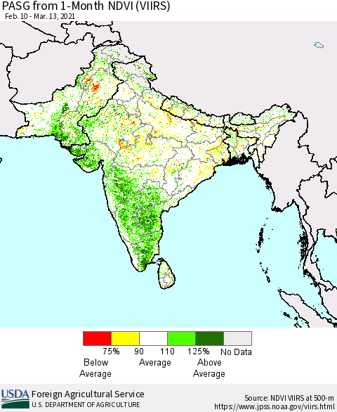 Southern Asia PASG from 1-Month NDVI (VIIRS) Thematic Map For 3/11/2021 - 3/20/2021
