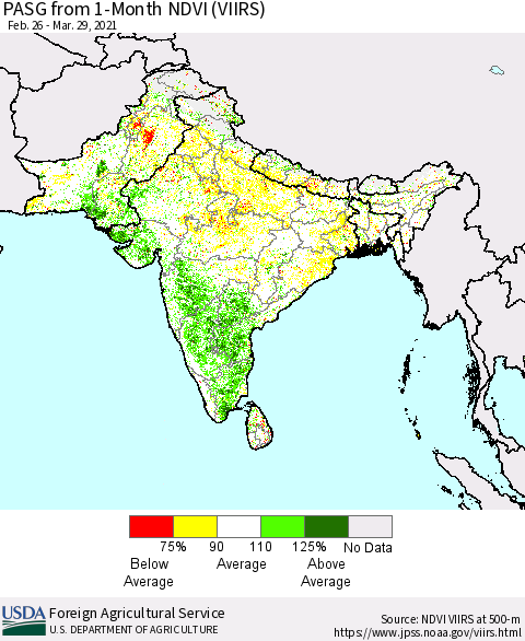 Southern Asia PASG from 1-Month NDVI (VIIRS) Thematic Map For 3/21/2021 - 3/31/2021
