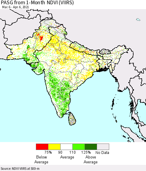 Southern Asia PASG from 1-Month NDVI (VIIRS) Thematic Map For 3/30/2021 - 4/6/2021