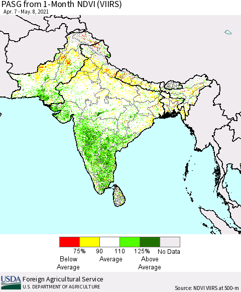 Southern Asia PASG from 1-Month NDVI (VIIRS) Thematic Map For 5/1/2021 - 5/8/2021