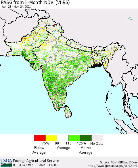 Southern Asia PASG from 1-Month NDVI (VIIRS) Thematic Map For 5/21/2021 - 5/31/2021