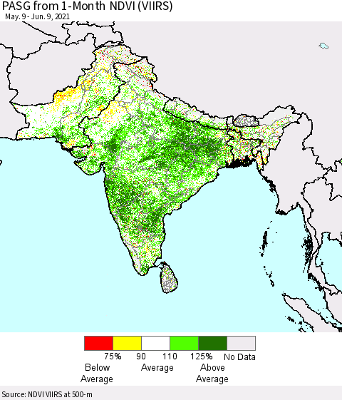 Southern Asia PASG from 1-Month NDVI (VIIRS) Thematic Map For 6/2/2021 - 6/9/2021