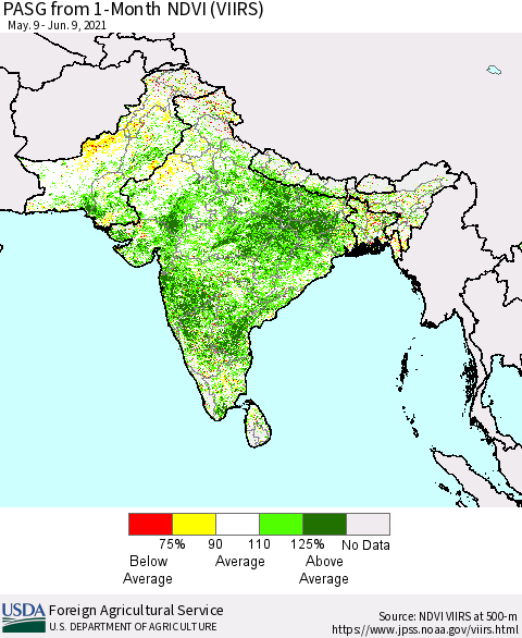 Southern Asia PASG from 1-Month NDVI (VIIRS) Thematic Map For 6/1/2021 - 6/10/2021