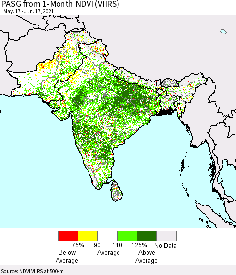 Southern Asia PASG from 1-Month NDVI (VIIRS) Thematic Map For 6/10/2021 - 6/17/2021
