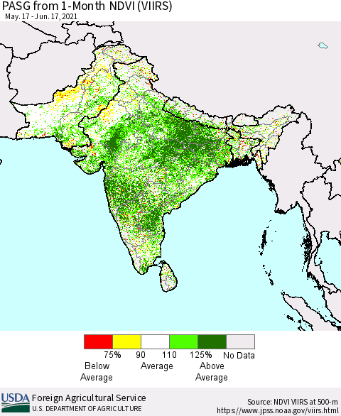 Southern Asia PASG from 1-Month NDVI (VIIRS) Thematic Map For 6/11/2021 - 6/20/2021