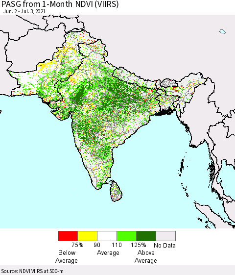 Southern Asia PASG from 1-Month NDVI (VIIRS) Thematic Map For 6/26/2021 - 7/3/2021