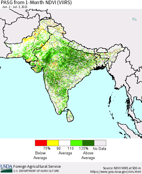 Southern Asia PASG from 1-Month NDVI (VIIRS) Thematic Map For 7/1/2021 - 7/10/2021