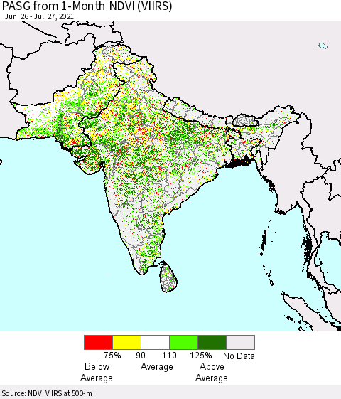 Southern Asia PASG from 1-Month NDVI (VIIRS) Thematic Map For 7/20/2021 - 7/27/2021