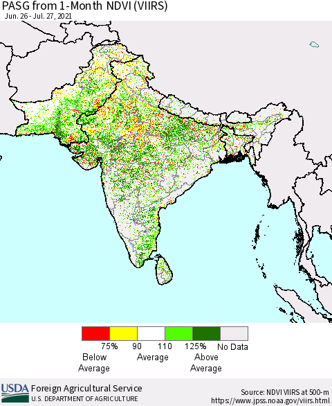 Southern Asia PASG from 1-Month NDVI (VIIRS) Thematic Map For 7/21/2021 - 7/31/2021