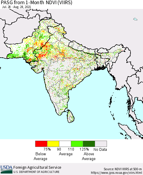 Southern Asia PASG from 1-Month NDVI (VIIRS) Thematic Map For 8/21/2021 - 8/31/2021