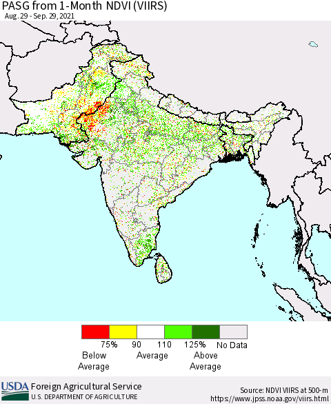 Southern Asia PASG from 1-Month NDVI (VIIRS) Thematic Map For 9/21/2021 - 9/30/2021