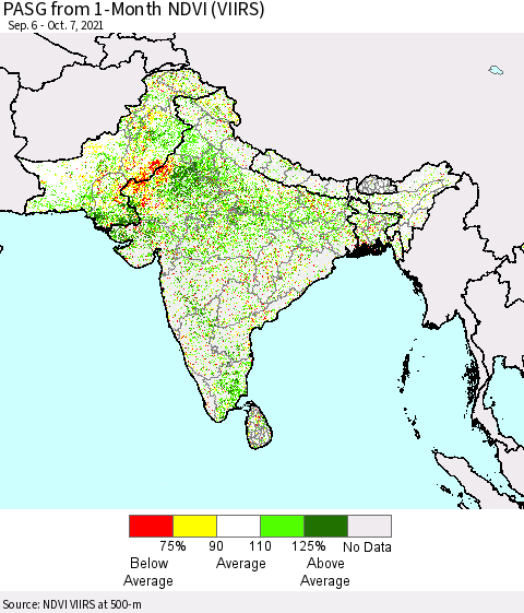 Southern Asia PASG from 1-Month NDVI (VIIRS) Thematic Map For 9/30/2021 - 10/7/2021