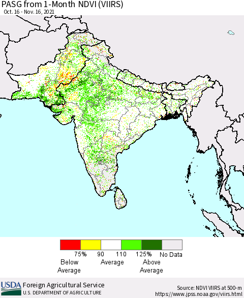 Southern Asia PASG from 1-Month NDVI (VIIRS) Thematic Map For 11/11/2021 - 11/20/2021