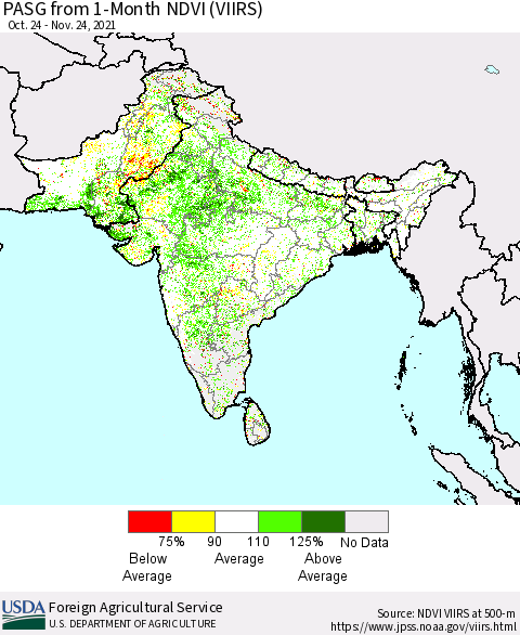 Southern Asia PASG from 1-Month NDVI (VIIRS) Thematic Map For 11/21/2021 - 11/30/2021