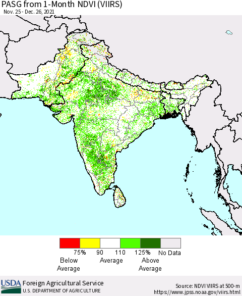 Southern Asia PASG from 1-Month NDVI (VIIRS) Thematic Map For 12/21/2021 - 12/31/2021