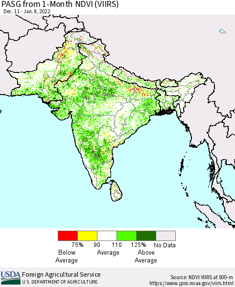 Southern Asia PASG from 1-Month NDVI (VIIRS) Thematic Map For 1/1/2022 - 1/10/2022